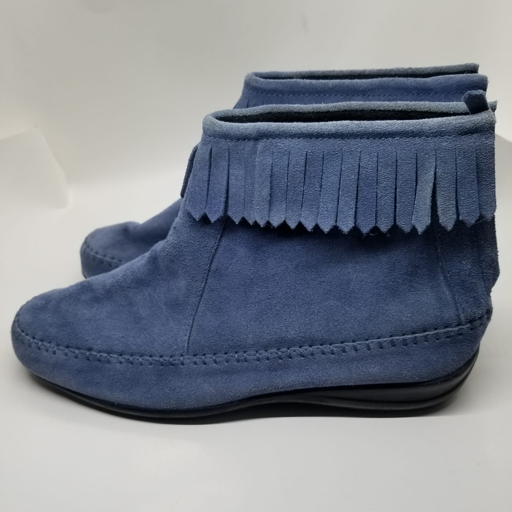 Comfort Ease Blue Suede Fringe Ankle Boots